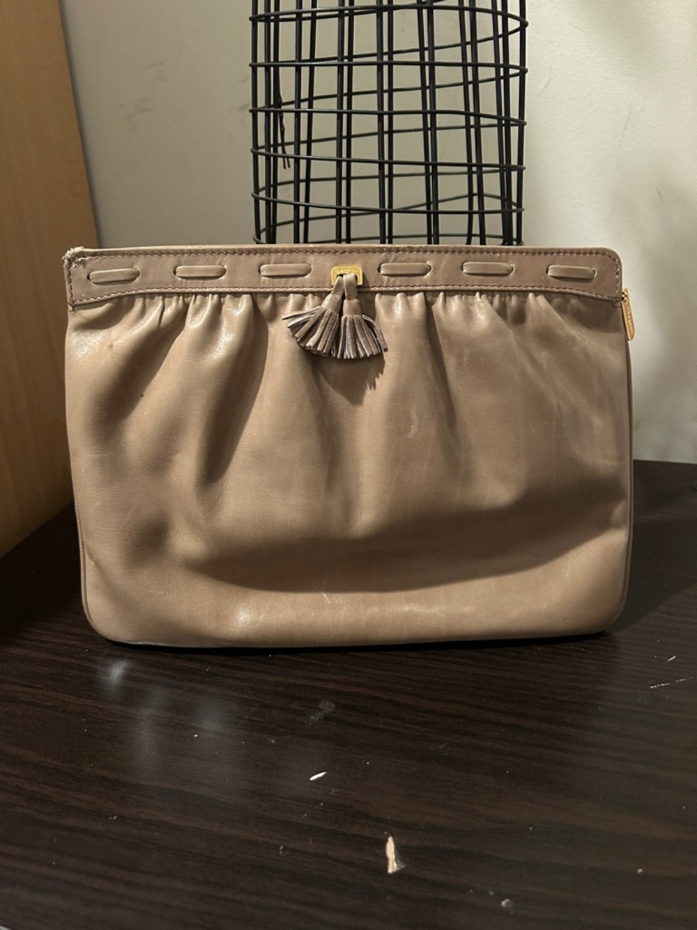 Salvatore Ferragamo Taupe Leather Tassel Clutch